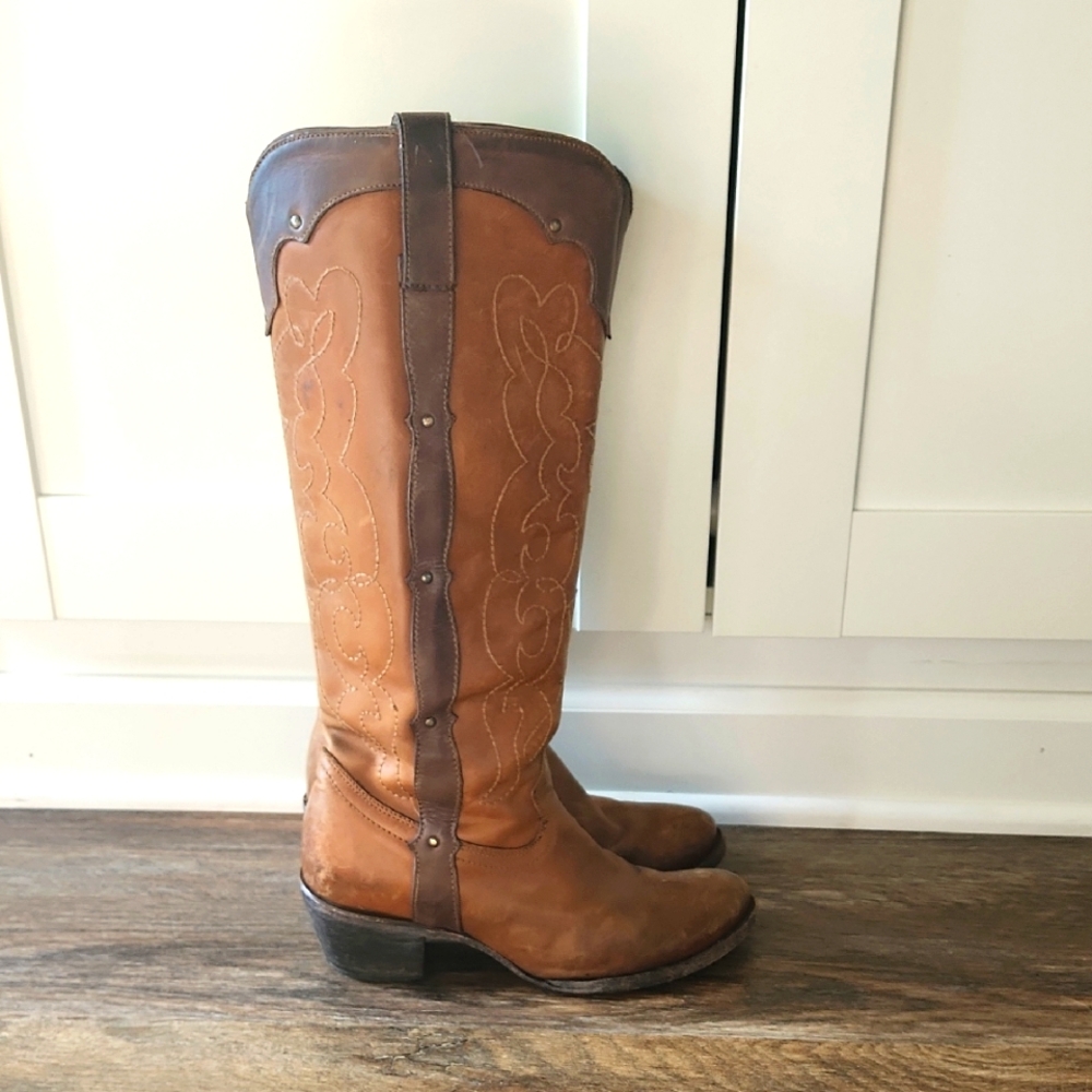 Corral Vintage Brown Leather Embroidered Zip Side Cowgirl Heel Boots Sz 8